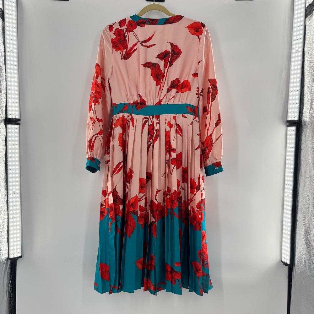 Ted Baker Karolyn Fantasia Floral Pleated Midi Dress Pink Red Teal Size 2 - Picture 5 of 13